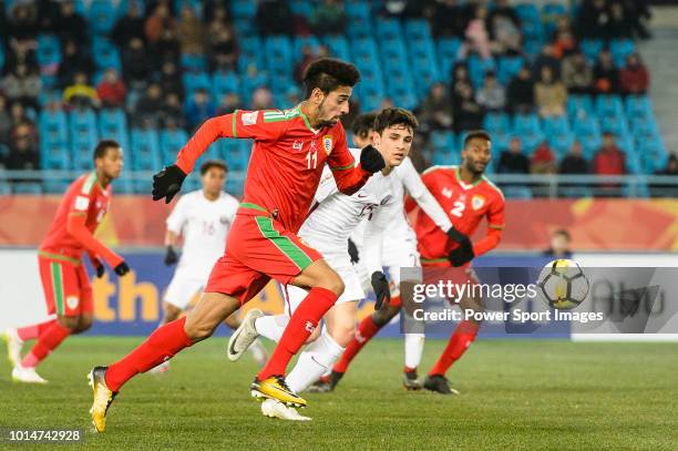 Abdullah Fawaz of Oman in action during the AFC U23 Championship China 2018 Group A match between Oman and Qatar at Changzhou Sports Center on 12...