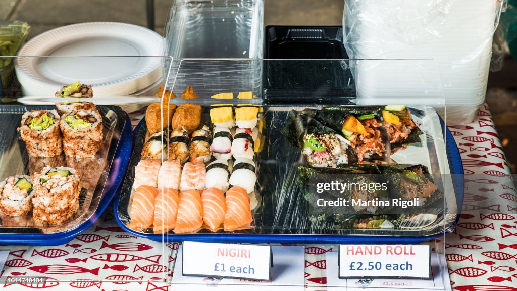 Different kinds of sushi in Brick Lane Market, London