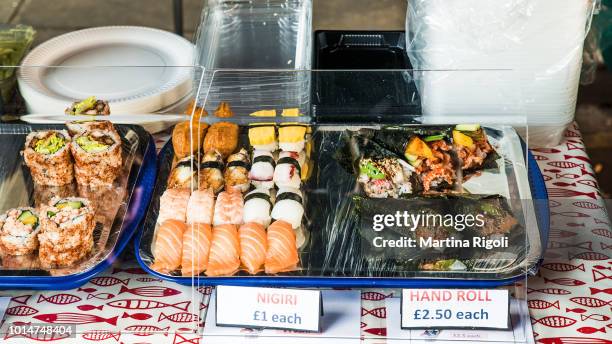 Different Kinds Of Sushi In Brick Lane Market London High-Res Stock Photo
