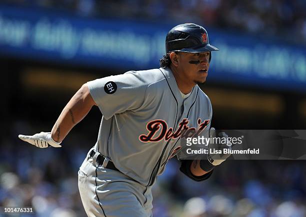 Miguel Cabrera of the Detroit Tigers runs to first base during the game against the Los Angeles Dodgers at Dodger Stadium on May 23, 2010 in Los...