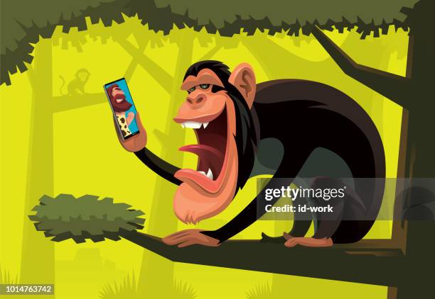 chimpanzee video chatting with caveman via smartphone - laughing monkey stock illustrations
