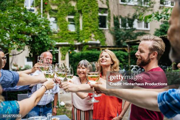 family and friends toasting one another at bbq - oma feiert stock-fotos und bilder