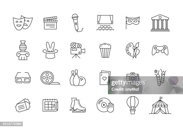 ilustrações, clipart, desenhos animados e ícones de conjunto de ícones de linha entretenimento - indústria cinematográfica