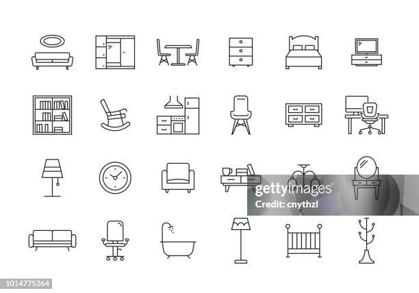 illustrations, cliparts, dessins animés et icônes de ensemble de meubles ligne icône - rangement cuisine