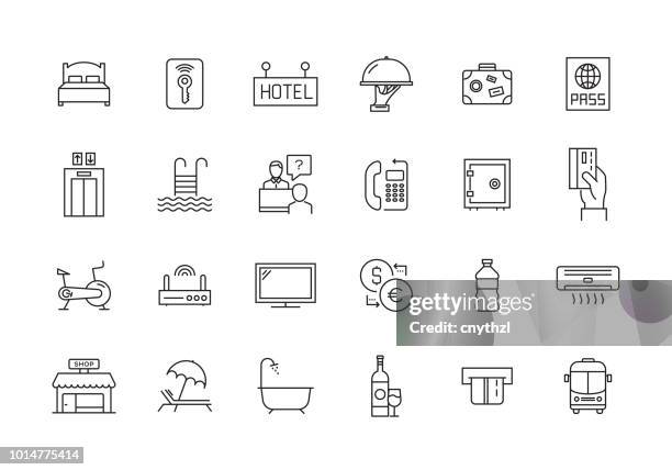 stockillustraties, clipart, cartoons en iconen met hotel lijn icon set - checkout