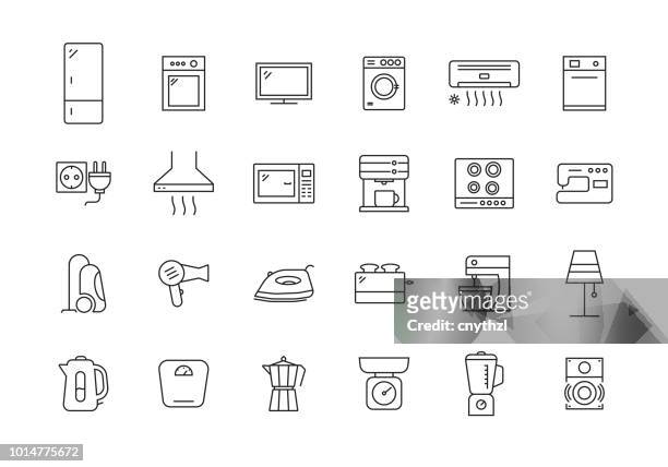 illustrazioni stock, clip art, cartoni animati e icone di tendenza di set di icone della linea domestica - televisore