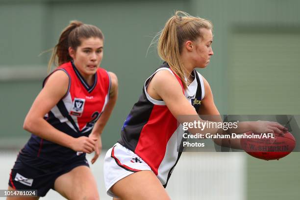 Alison Brown of the Southern Saints in action during the round 14 VFLW match between Darebin and the Southern Saints at Bill Lawry Oval on August 11,...