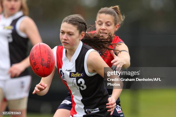 Shelley Heath of the Southern Saints chases the ball during the round 14 VFLW match between Darebin and the Southern Saints at Bill Lawry Oval on...