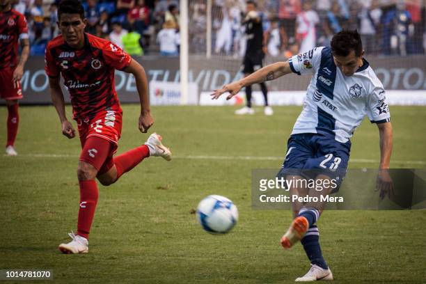 José Francisco Torres of Puebla kicks the ball during a match between Puebla and Veracruz as part of Torneo Apertura Liga MX at Estadio Cuauhtemoc on...