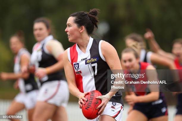 Leah Olsen of the Southern Saints in action during the round 14 VFLW match between Darebin and the Southern Saints at Bill Lawry Oval on August 11,...