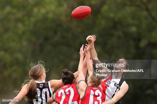 Selena Karlson of the Southern Saints competes in the air during the round 14 VFLW match between Darebin and the Southern Saints at Bill Lawry Oval...