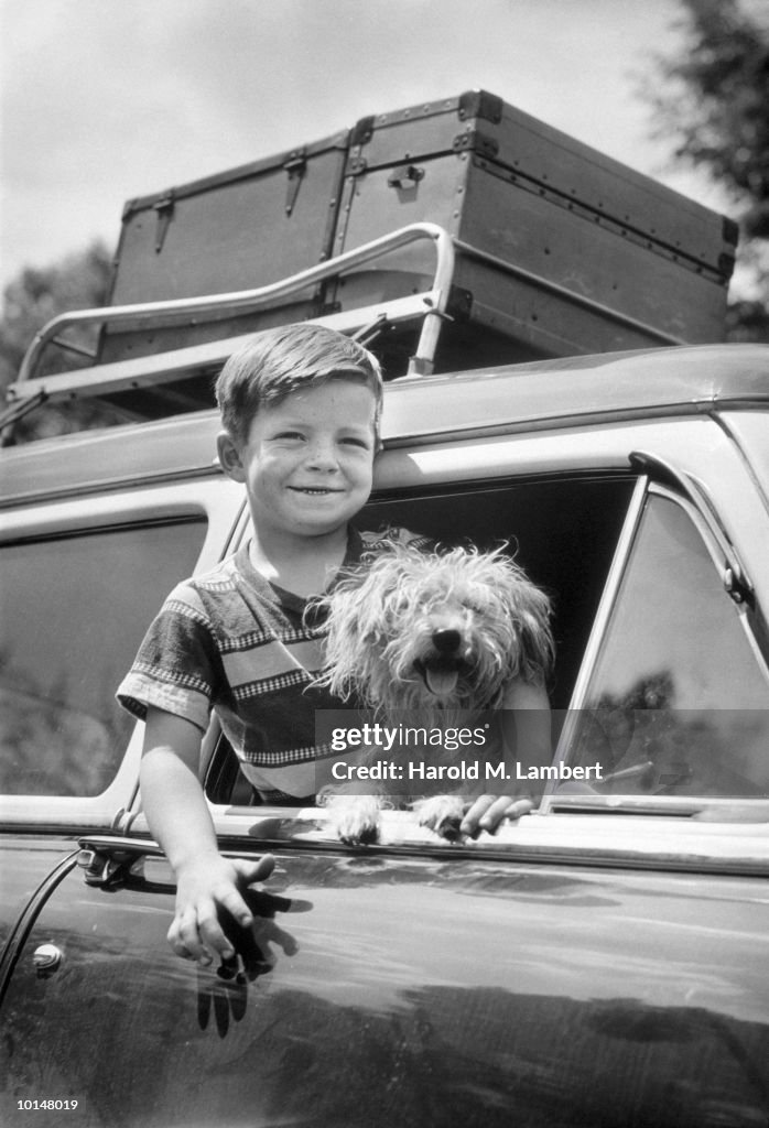 BOY & DOG LEANING OUT OF CAR WINDOW, CIRCA 1961