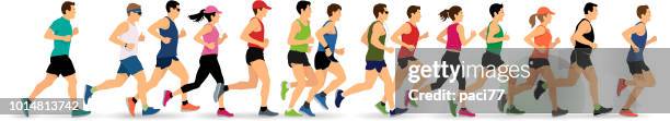 illustrazioni stock, clip art, cartoni animati e icone di tendenza di sagome in esecuzione - jogging