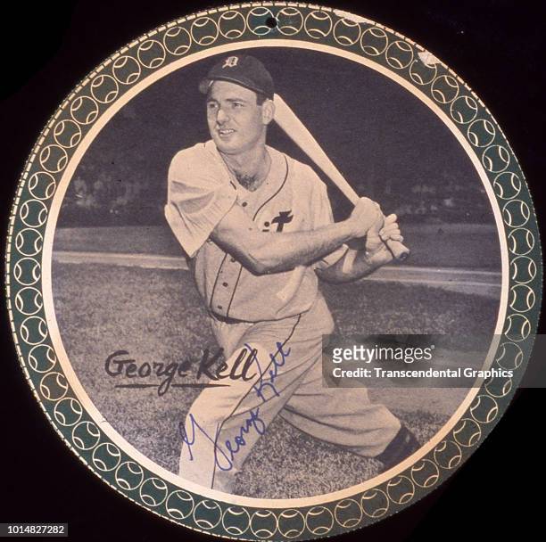 Circular card features an autographed photograph of American baseball player George Kell , of the Detroit Tigers, 1955.