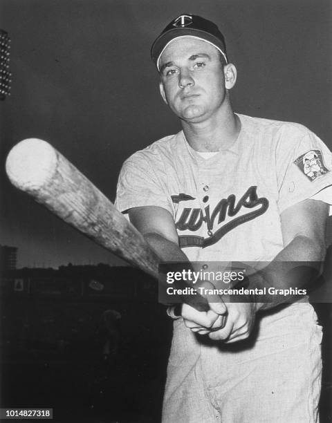 Portrait of American baseball player Harmon Killebrew , of the Minnesota Twins, as he poses with his bat outstretched, Minneapolis, Minnesota, 1964.