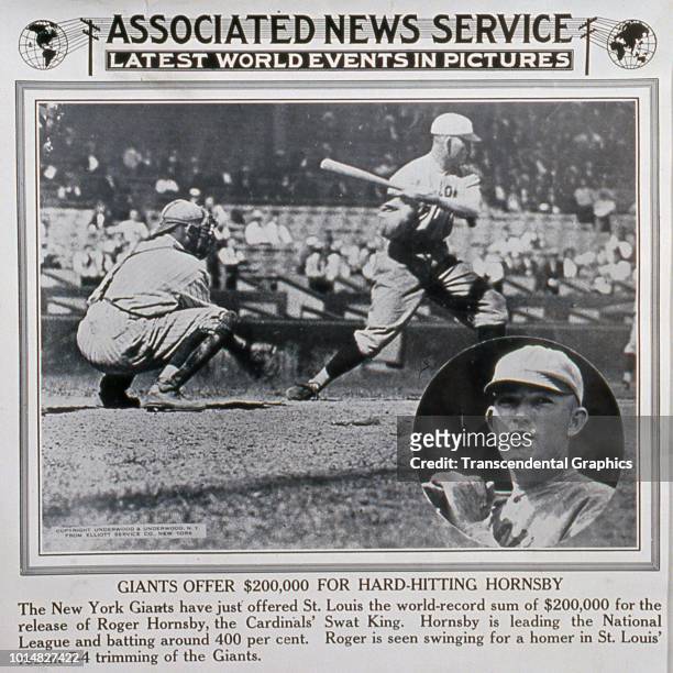 Associated News Service release photo features American baseball player Rogers Hornsby , of the St Louis Cardinals, seen both at bat during a game...