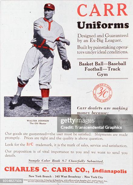 Advertisement for Carr Uniforms features American baseball player Walter Johnson , of the Washington Senators, New York, New York, 1916.