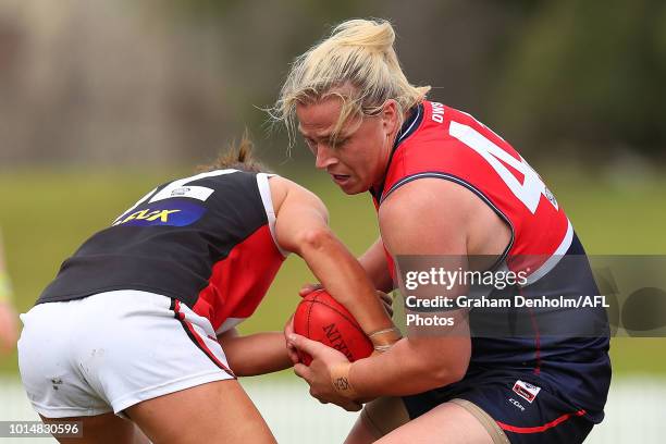 Hannah Mouncey of Darebin in action during the round 14 VFLW match between Darebin and the Southern Saints at Bill Lawry Oval on August 11, 2018 in...