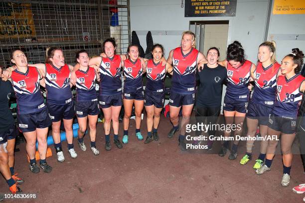 Darebin celebrate in the dressing rooms following the round 14 VFLW match between Darebin and the Southern Saints at Bill Lawry Oval on August 11,...