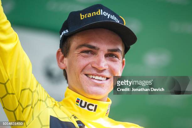 Race leader Sepp Kuss of the United States and Team LottoNL - Jumbo on the podium after stage 4 of the 14th Larry H. Miller Tour of Utah on August...