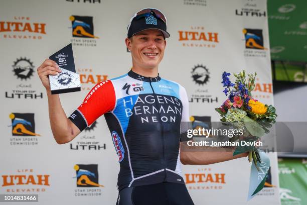 Jasper Philipsen of Belgium and the Hagens Berman - Axeon Cycling Team on the podium after winning stage 4 of the 14th Larry H. Miller Tour of Utah...