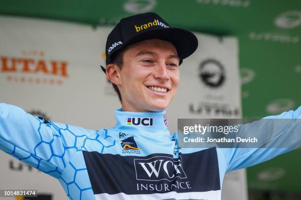 Neilson Powless of the United States and Team LottoNL - Jumbo on the podium and in the best young rider jersey after stage 4 of the 14th Larry H....