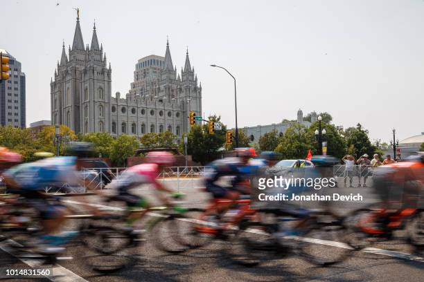 The peloton passes by the Mormon Temple during stage 4 of the 14th Larry H. Miller Tour of Utah on August 10, 2018 in Salt Lake City, Utah.