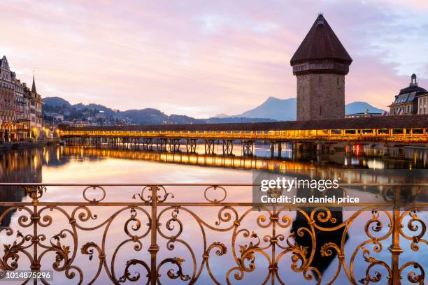 beautiful sunrise, chapel bridge, kapellbrücke, lucerne, switzerland - chapel bridge stock pictures, royalty-free photos & images