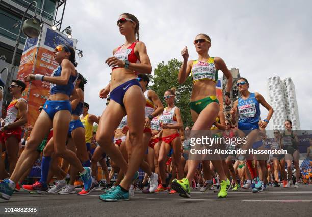 Anezka Drahotova of the Czech Republic and Brigita Virbalyte-Dimsiene of Lithuania compete in the Men's and Women's 20km Race Walk during day five of...