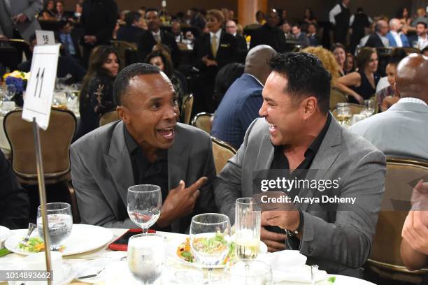 Sugar Ray Leonard and Oscar De La Hoya attend the 18th Annual Harold and Carole Pump Foundation Gala at The Beverly Hilton Hotel on August 10, 2018...