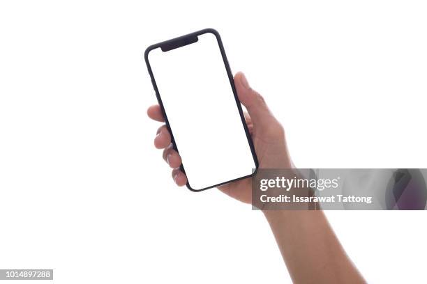 women hand holding white tablet with blank black screen - isolated on white - man ipad isolated stock pictures, royalty-free photos & images