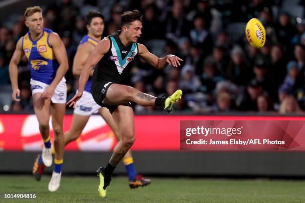 Aidyn Johnson of the Power kicks a goal during the 2018 AFL round 21 match between the Port Adelaide Power and the West Coast Eagles at Adelaide Oval...