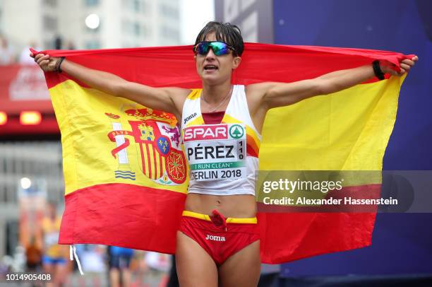 Maria Perez of Spain celebrates winning the Gold Medal in the Women's 20km Race Walk during day five of the 24th European Athletics Championships on...