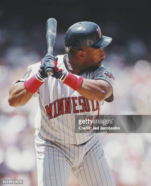 Kirby Puckett, Centerfielder for the Minnesota Twins at bat during the Major League Baseball American League West game against the California Angels...