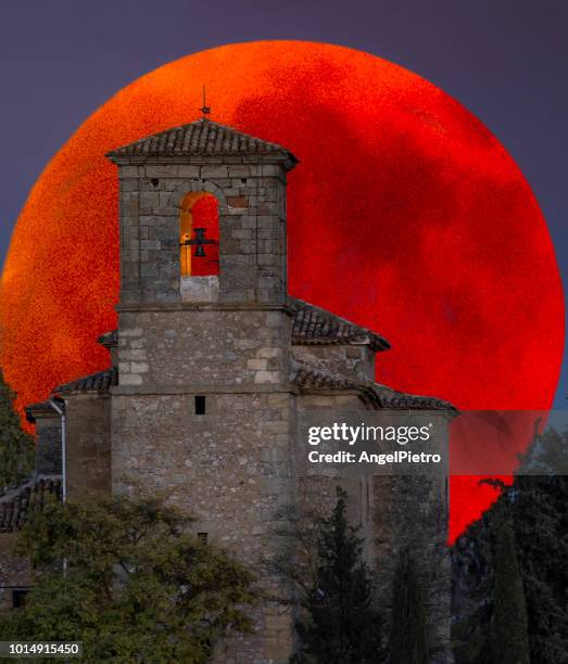 the church and the blood moon - total lunar eclipse stock pictures, royalty-free photos & images