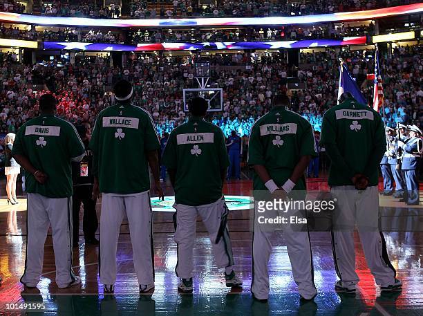 Glen Davis, Rasheed Wallace;Tony Allen, Sheldon Williams and Kevin Garnett of the Boston Celtics stand for the National Anthem against the Orlando...
