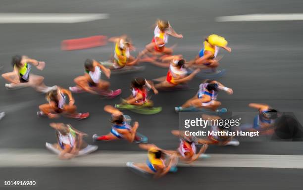 Athletes compete in the Men's and Women's 20km Race Walk during day five of the 24th European Athletics Championships on August 11, 2018 in Berlin,...