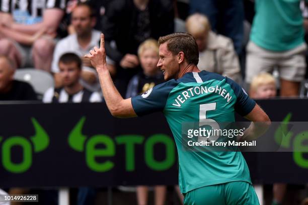 Jan Vertonghen of Tottenham Hotspur celebrates after scoring his team's first goal during the Premier League match between Newcastle United and...