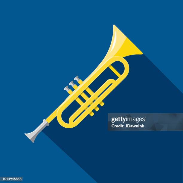 ilustraciones, imágenes clip art, dibujos animados e iconos de stock de instrumentos musicales trompeta cuerno diseño plano temático icon set con sombra - trompeta