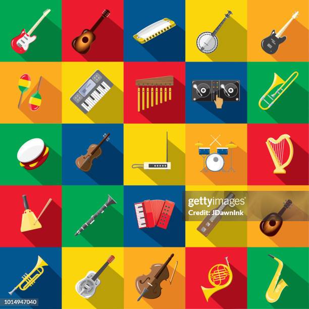 musical instrument flat design set themed icon set with shadow - bell instrument stock illustrations