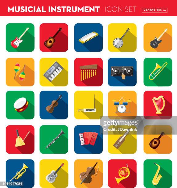 musical instrument flat design set themed icon set with shadow - cowbell stock illustrations