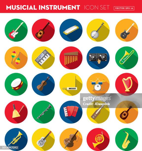 musical instrument flat design set themed icon set with shadow - accordion instrument stock illustrations