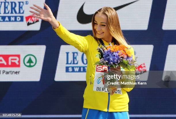 Nataliya Pryshchepa of the Ukraine, gold, poses with her medal for the Women's 800 metres during day five of the 24th European Athletics...