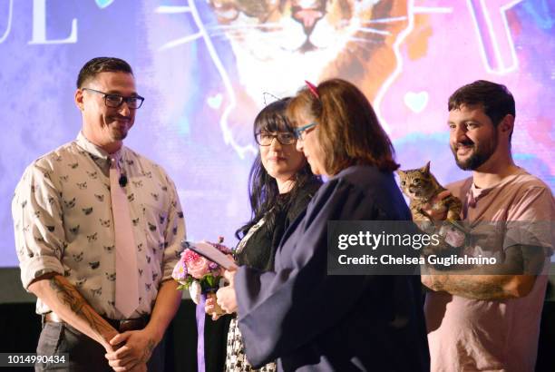 Paul and Colleen get married as Lil Bub and Mike Bridavsky look on at CatCon Worldwide 2018 at Pasadena Convention Center on August 5, 2018 in...