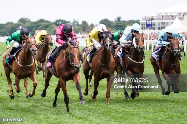 Hayley Turner riding Via Serendipity win The Dubai Duty Free Shergar Cup Mile at Ascot Racecourse on Shergar Cup Day on August 11, 2018 in Ascot,...