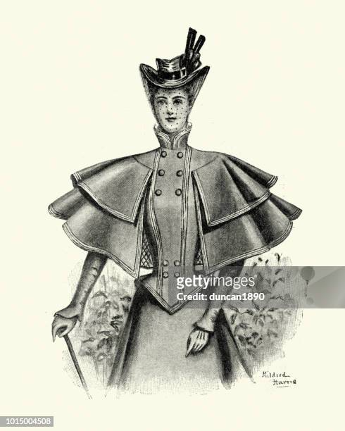 illustrations, cliparts, dessins animés et icônes de fin victorienne womens fashions, outdoor robe avec cape des années 1890 - victorian style