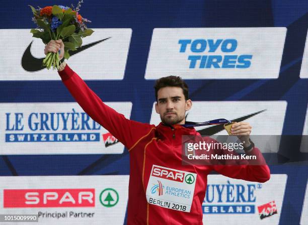 Alvaro Martin of Spain, gold, poses with his medal for the Men's 20km Race Walk during day five of the 24th European Athletics Championships at...