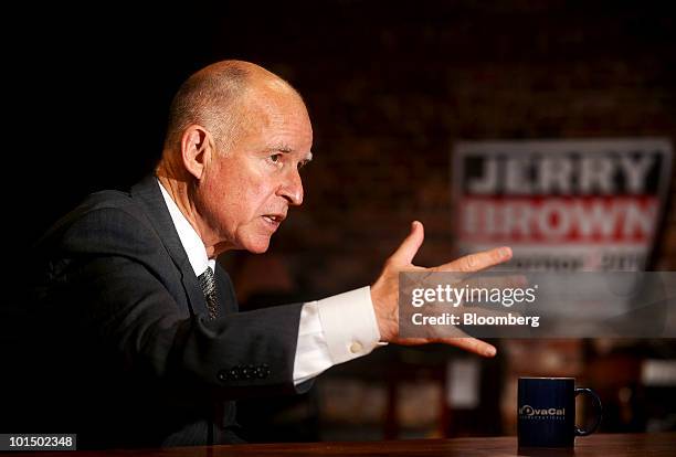 Jerry Brown, attorney general of California and candidate for governor, speaks during an interview at his campaign office in Oakland, California,...