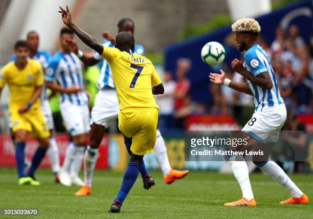 Golo Kante of Chelsea scores his team's first goal during the Premier League match between Huddersfield Town and Chelsea FC at John Smith's Stadium...