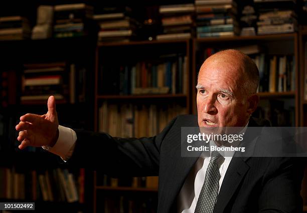 Jerry Brown, attorney general of California and candidate for governor, speaks during an interview at his campaign office in Oakland, California,...